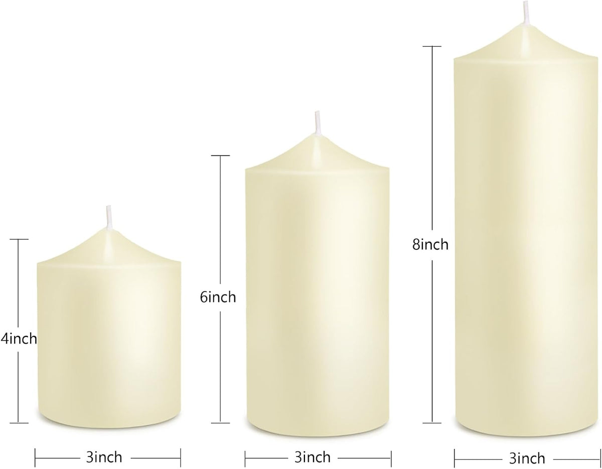 Pillar Candles 3 x 4, 6, and 8 inches, Large Handmade Candles Set of 3, Ivory Decorative Candles for Wedding, Home Decoration, Dinner, Church