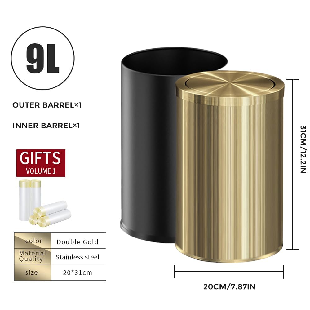 9L/2.4Gal Brushed Antique Brass Bathroom Trash Can