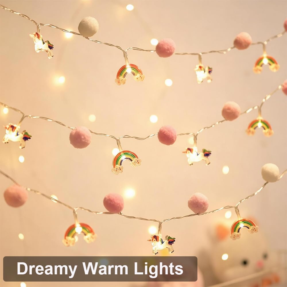 ChiRee Pink Pom Poms with Unicorn and Rainbow String Lights