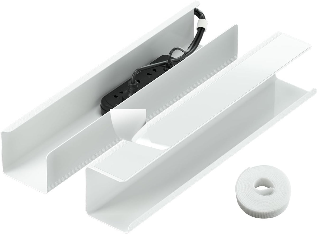 2 Pack No-Screw Cable Management Under Desk, Self-Adhesive Cord Organizer, Wire Management Tray for Office and Home (White)