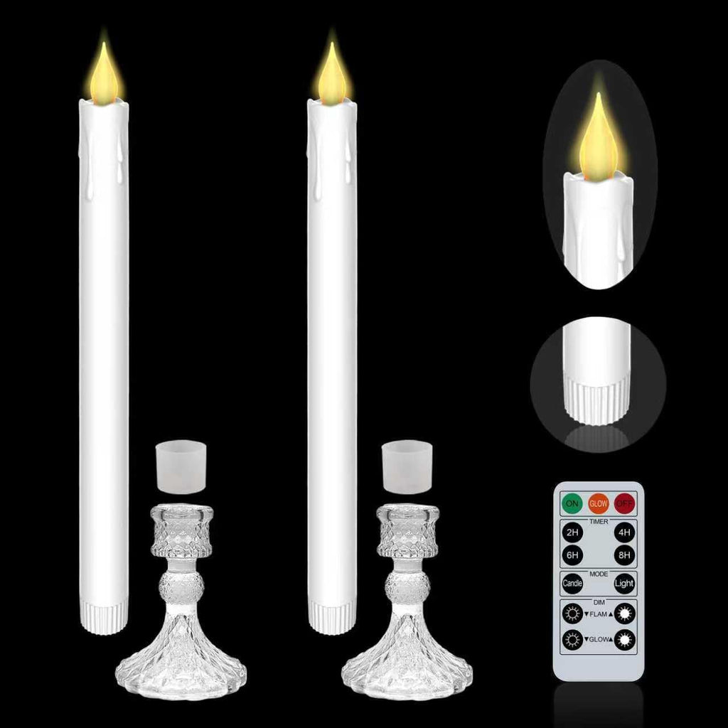 Flameless Taper Candles with Illuminated Glass Candle Holder, Remote Timer 2AA Battery Operated 500+ Hours for Thanksgiving/Xmas Decor, Wedding Centerpiece (White, 2 Pack)
