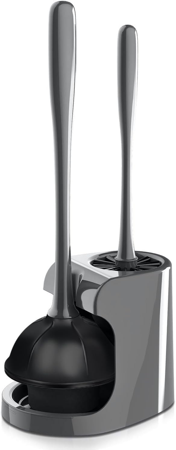 2 in 1 Toilet Brush and Plunger Set - Toilet Brush with Solid Handle, Stand and Holder for Deeply Cleaning in Bathrooms - Plastic Toilet Brush and Holder Set in Grey