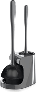 2 in 1 Toilet Brush and Plunger Set - Toilet Brush with Solid Handle, Stand and Holder for Deeply Cleaning in Bathrooms - Plastic Toilet Brush and Holder Set in Grey