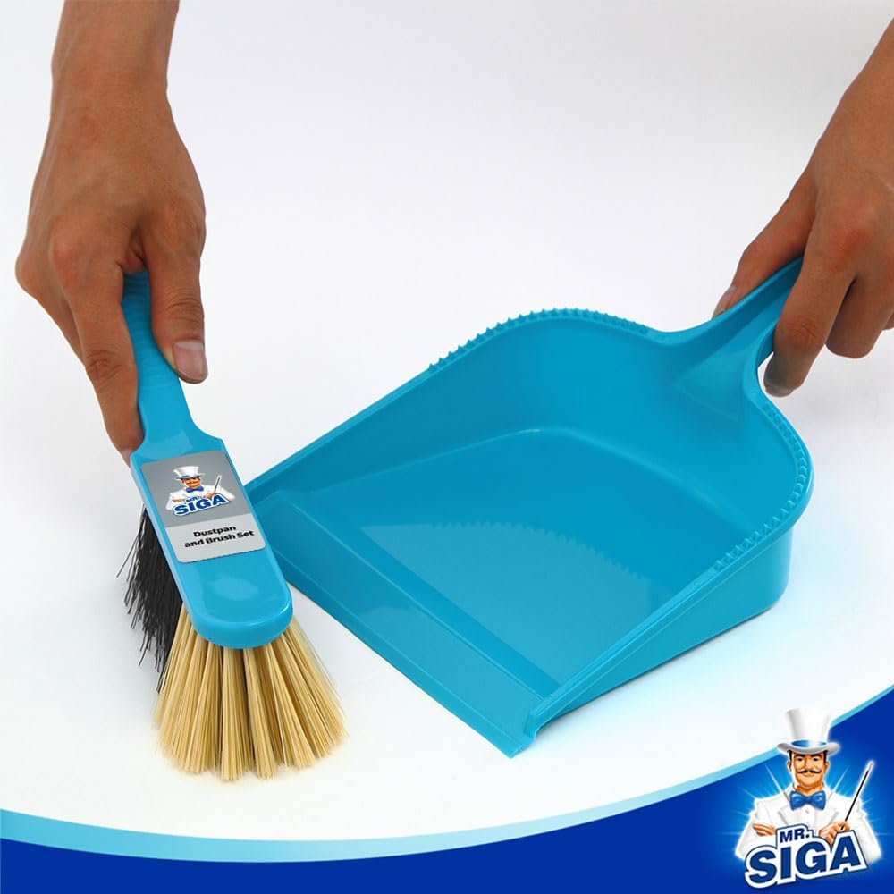 MR.SIGA Dustpan and Brush Set, Pack of 4 Set, Blue & Grey