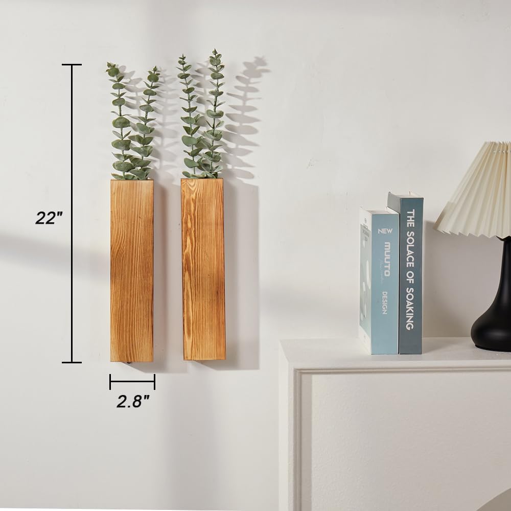 2 Pack Wood Wall Planters with Faux Eucalyptus Stems for Wall Decor