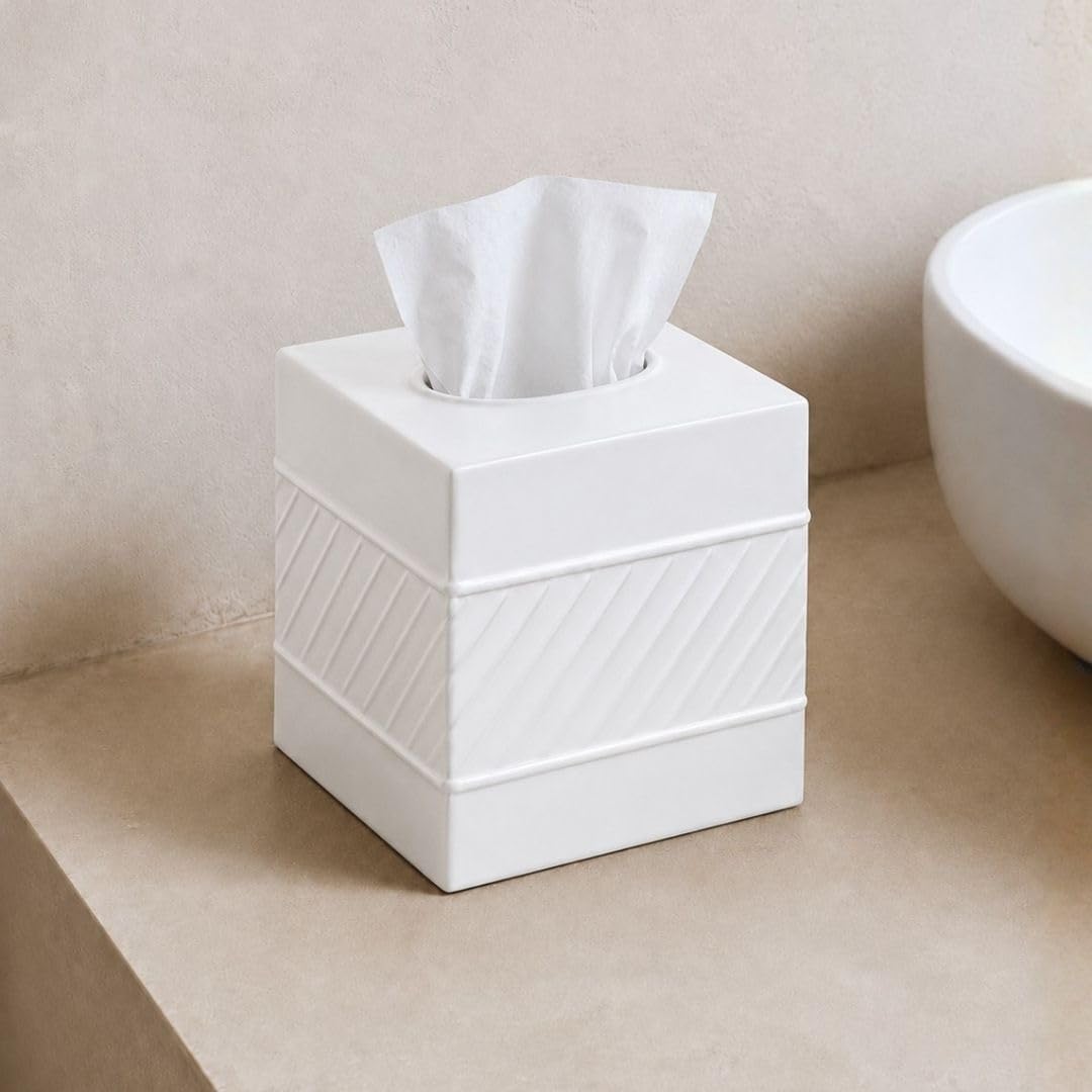 Monarch Abode Tissue Box Cover Square – Handcrafted Wave Embossed White Metal Tissue Holder Box for Bathroom Accessory, Aesthetic Decorative Facial Napkin Cube for Modern Home Decor