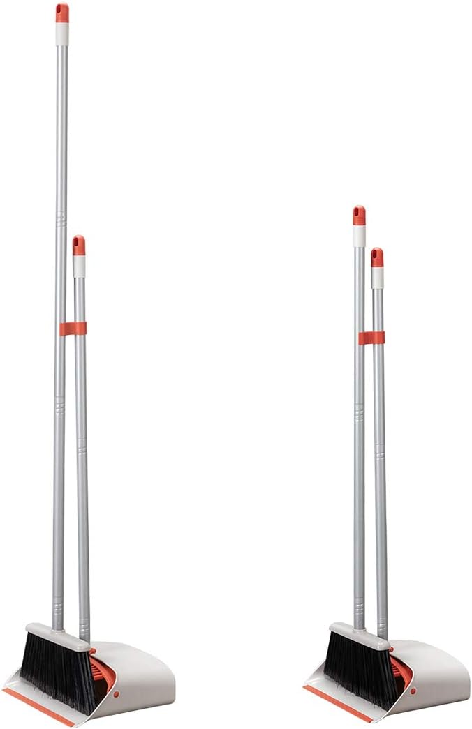 Long Handled Dustpan and Brush, Broom and Dustpan Set, Household Dust pan Combo with 54 Inch Handle for Indoor Outdoor Household Cleaning and Sweeping (Red and White)