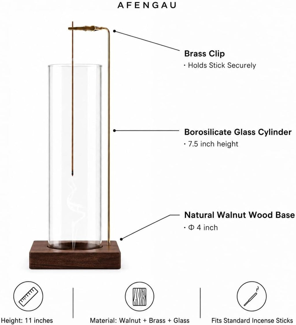 Wooden Aromatherapy Incense Holder – Upside Down Hanging Rack with 1L Ash Catcher for Home Office or Yoga Space Décor & Meditation (Glass Height 17cm)