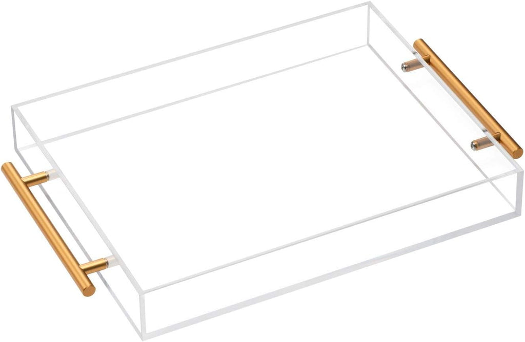 Clear Acrylic Lucite Serving Tray with Metal Handles,No Need to Assemble,11x14 Inch,Decorative Storage Organizer with Spill-Proof Design,Serving for Coffee,Breakfast,Dinner and More