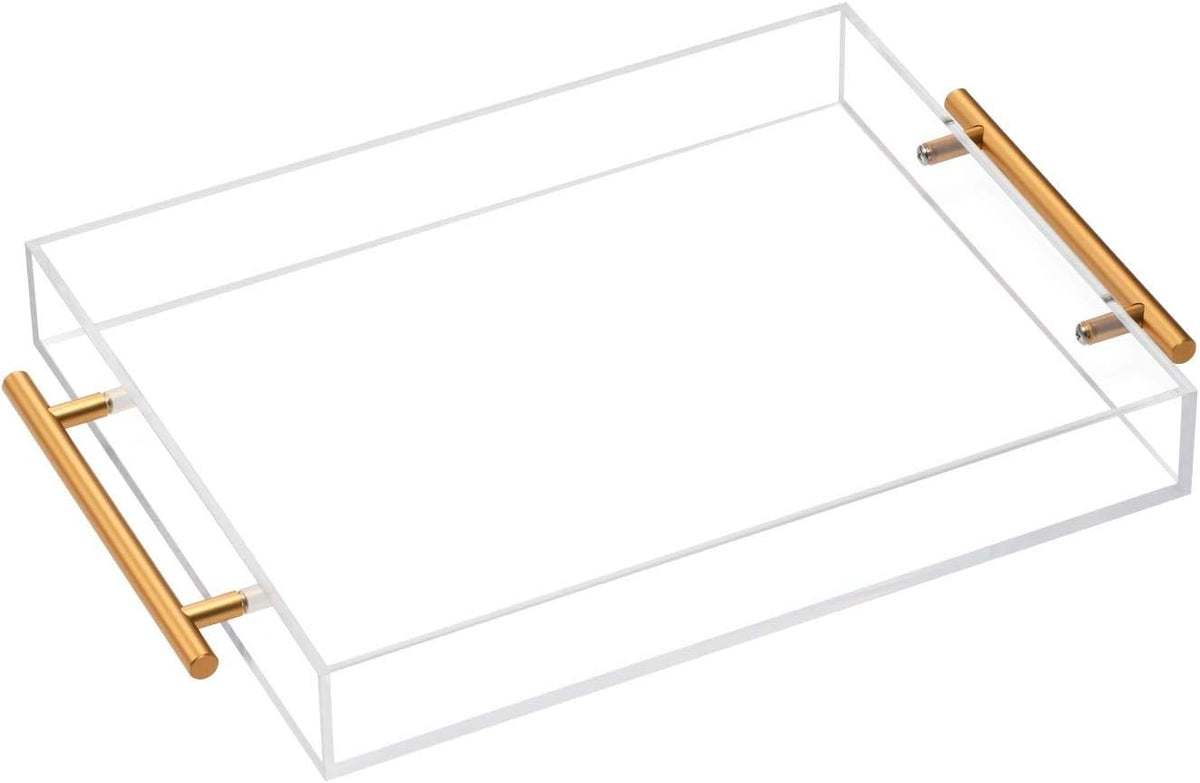 Clear Acrylic Lucite Serving Tray with Metal Handles,No Need to Assemble,11x14 Inch,Decorative Storage Organizer with Spill-Proof Design,Serving for Coffee,Breakfast,Dinner and More