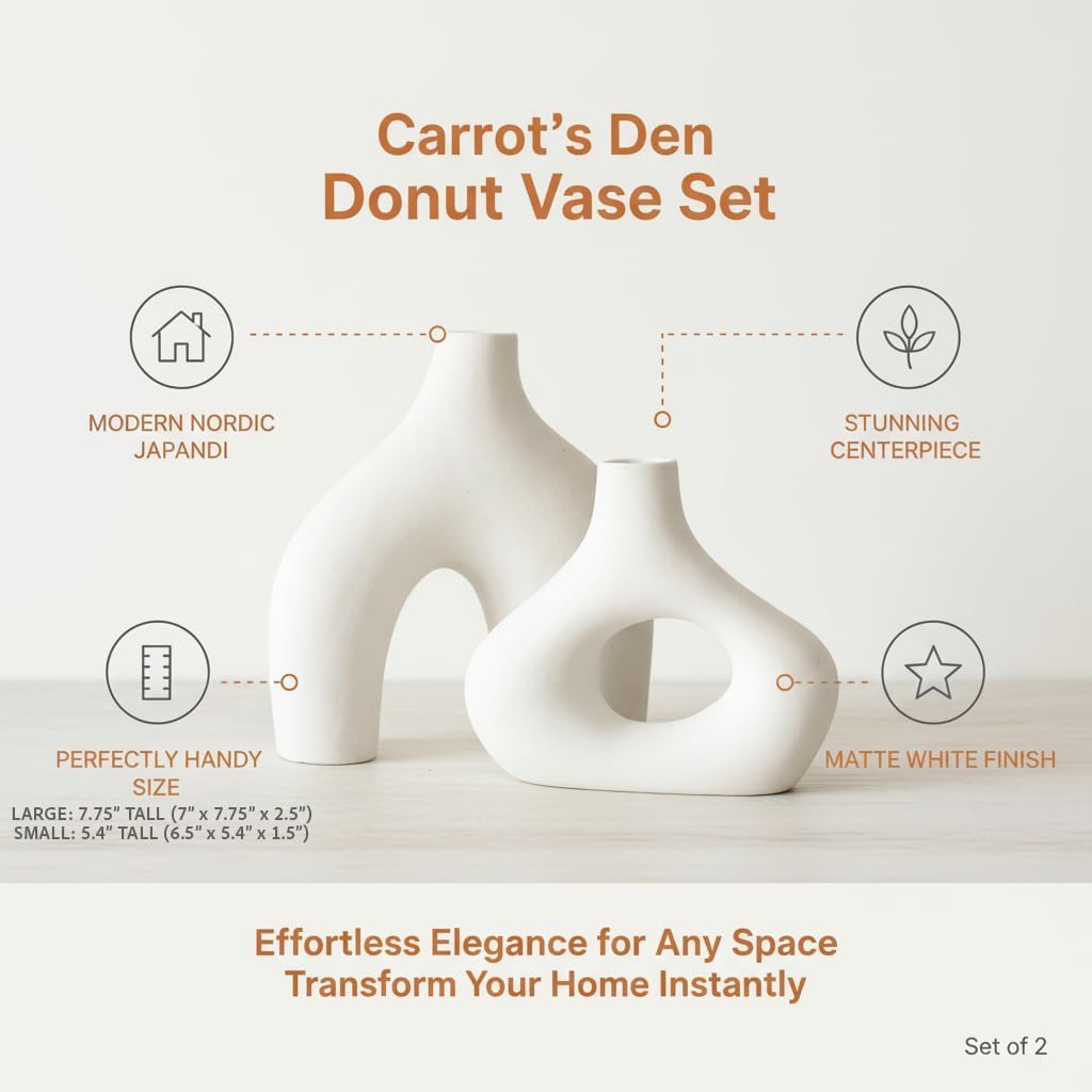 Carrot's Den Ceramic Modern Vase Set of 2, Donut Shelf Decor, Warm White