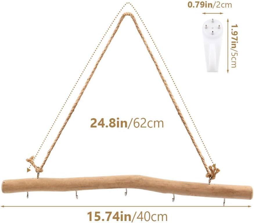 15.7in Driftwood Jewelry Organizer, Tree Wall Hanging Decor with 5 Hooks
