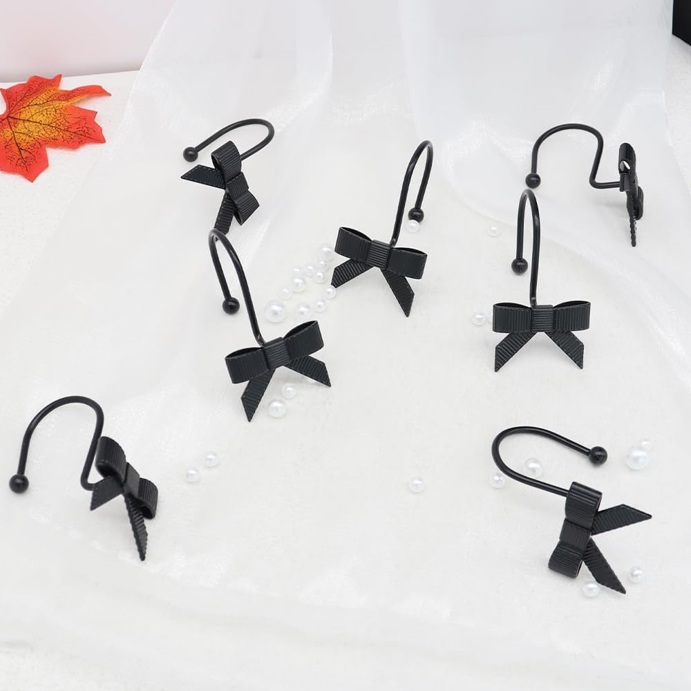 Decorative Shower Curtain Hooks, Luxury Bowknot Shower Curtain Rings, Modern Bow Shower Curtain Hangers, 12PCS Shower Hooks for Home Decor, Bathroom, Bedroom, Living Room (Black)