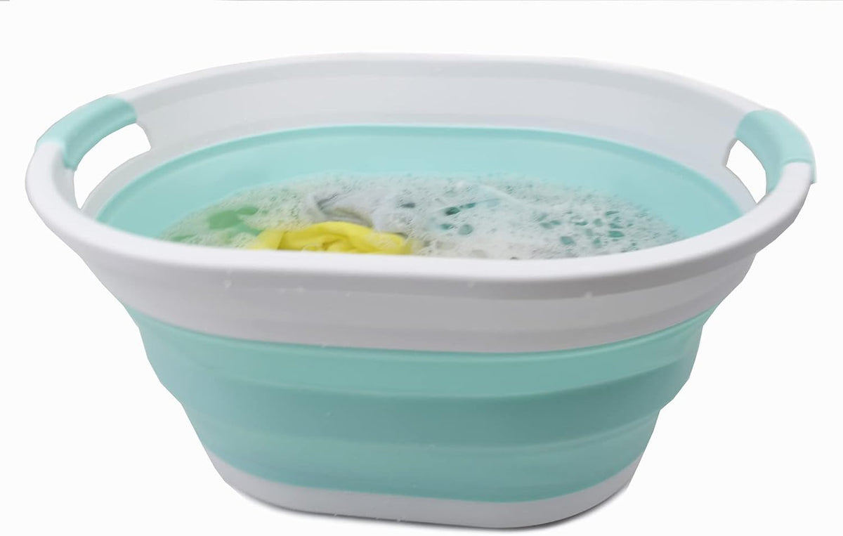 SAMMART 32L (8.4 gallon) Collapsible Plastic Laundry Basket - Foldable Pop Up Storage Container/Organizer - Portable Washing Tub, Water Capacity: 24L (1, White/Lake Green)