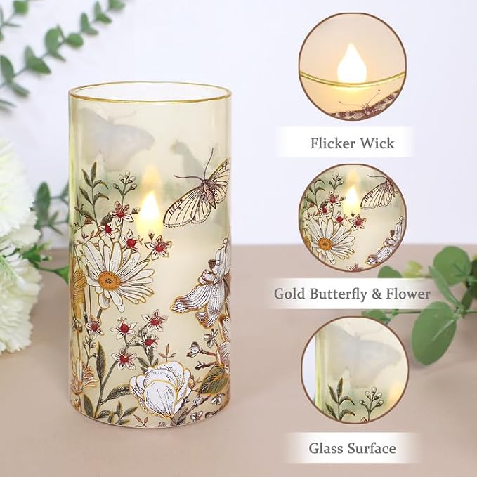 Glass Flameless Candles Battery Operated with Remote Timer Botanical Butterfly & Floral Real Wax Flickering LED Pillar Candle for Spring Summer Home Decor, Wedding, Table Centerpiece