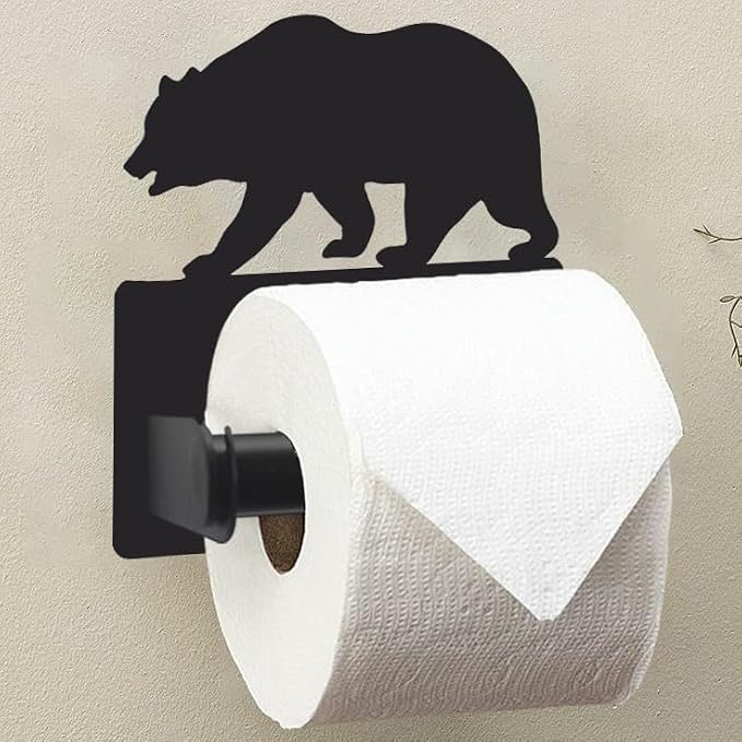 Forest Bear Toilet Paper Holder Wall Mounted, Bathroom Decorative Metal Toilet Paper Mega Roll Holder, Rustproof Matte Black Toilet Paper Roll Dispenser for Kitchen Washroom