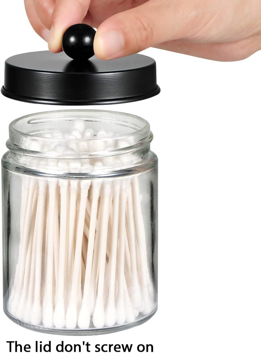 Amolliar Apothecary Jar Qtip Holder w/Metal Lid Glass,Glass, Black 2Pack