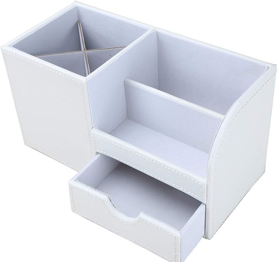 KINGFOM Desk Organizer Office Supplies Caddy Pu Leather Multi-function Storage Box Pen/Pencil,Cell phone, Business Name Cards Remote Control Holder with Small Drawer White