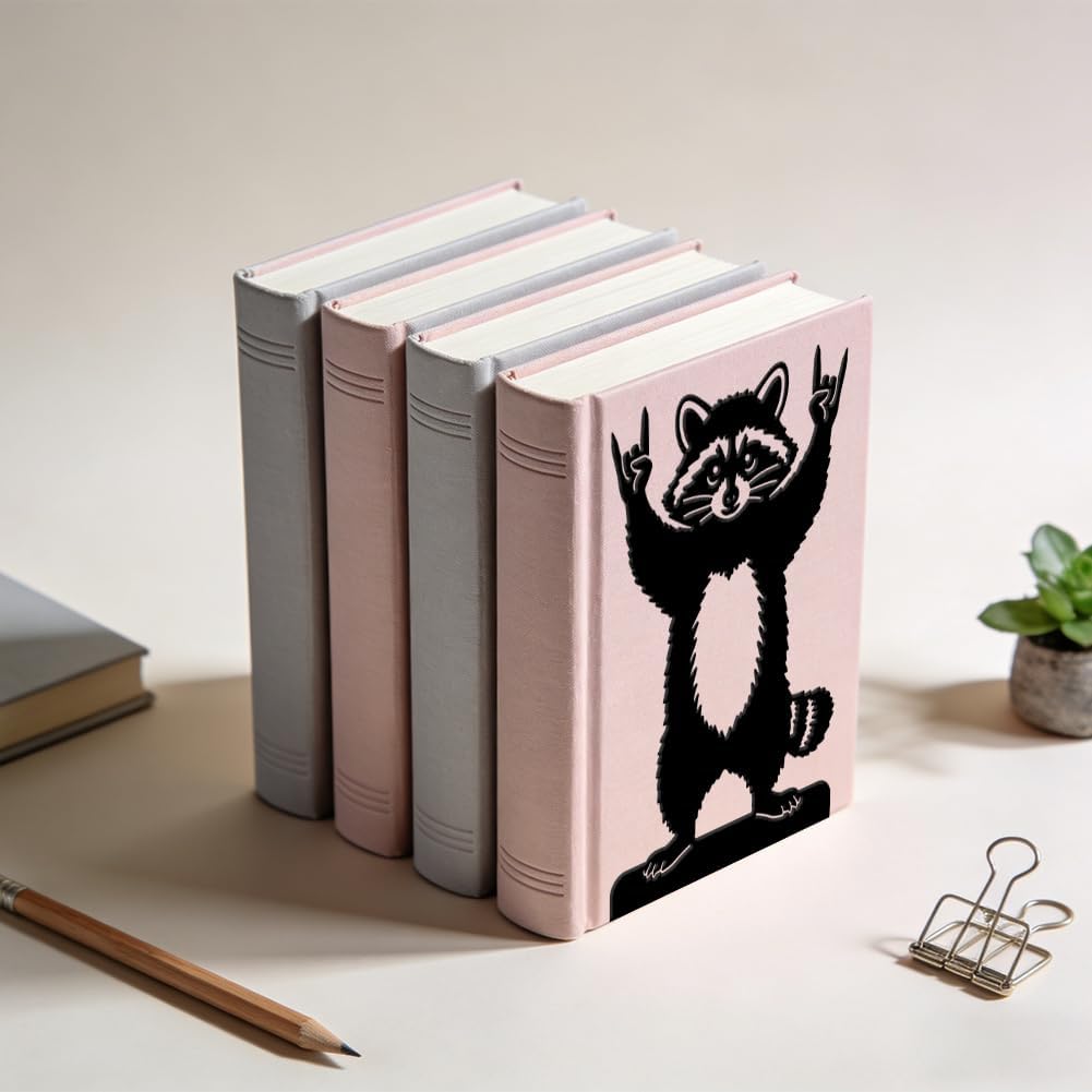 WADORN 1 Pair Rock Roll Raccoon Metal Decorative Bookend for Shelves, Heavy Duty Book Ends Modern Non-Skid Books Holder Stand Black Book Support Stoppers for Office Desk Bookshelf, 5.3x4.3x7.8 Inch