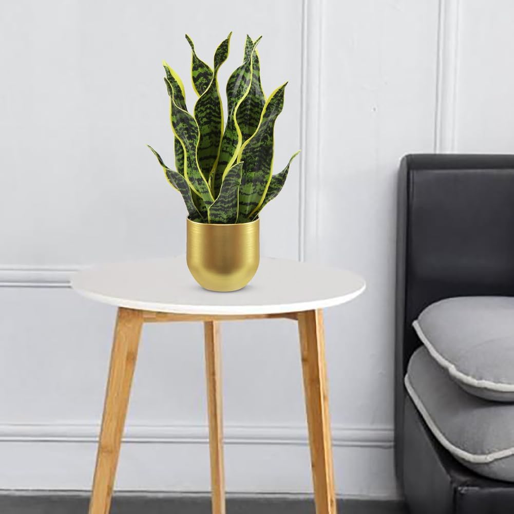 Hollyone Artificial Snake Plant Potted Faux Sansevieria Trifasciata Plants, 16.9" Tropical Mother in Law Tongue Fake Plants in Metal Gold Pots for Home Office Room Indoor Decor Housewarming Gifts