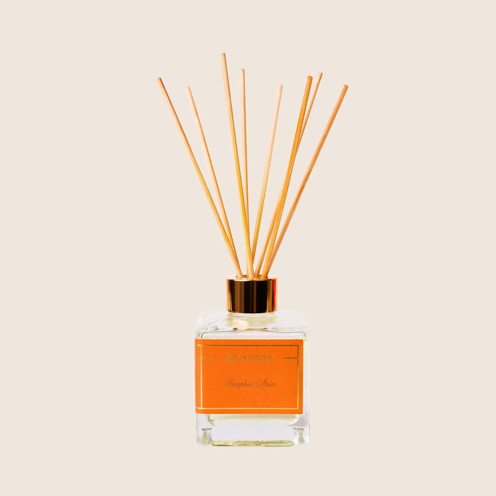 Aromatique Reed Diffuser Set - Pumpkin Spice Notes of Maple, Pumpkin, Cinnamon, Clove, Nutmeg, Cherry, Balsam Aromatherapy Scented Air Freshener Deodorizer Oil Fragrance Living Room Home Decor Gifts