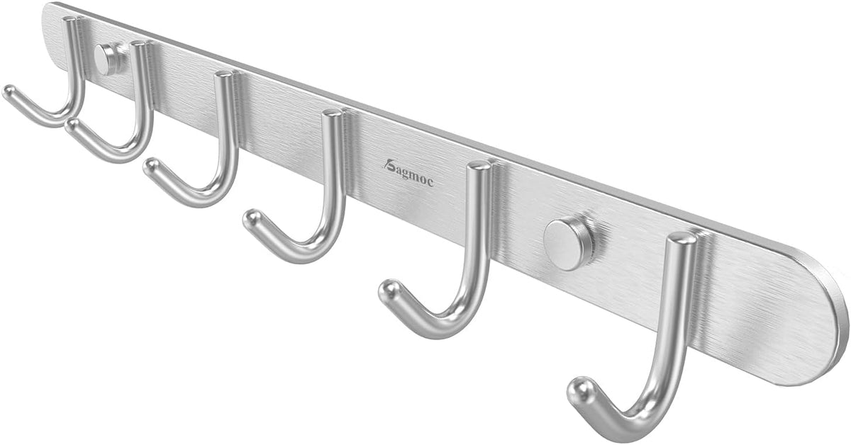 Coat Hook Rack Wall Mounted - Sagmoc Towel Hook Rail with 6 Round Hooks/16-inch/304Stainless Steel Brushed Nickel/Super Easy Installation/Rust and Water Proof/Perfect Home Storage & Organization