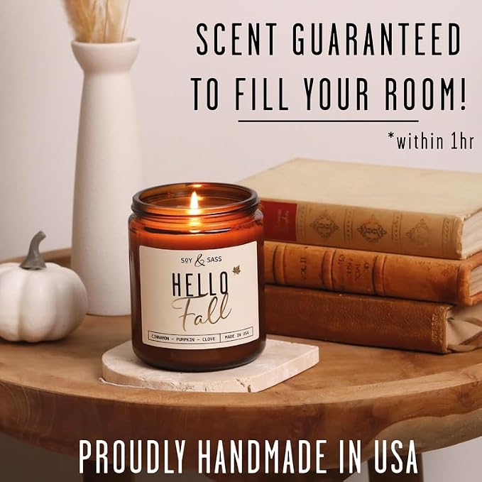 Fall Candles - 'Hello Fall Scented Candle' w/Cinnamon, Pumpkin & Fir I Infused with Essential Oils Autumn Scented Soy Candles for Home Décor, 9oz Reusable Jar, 50Hr Burn, Made in USA