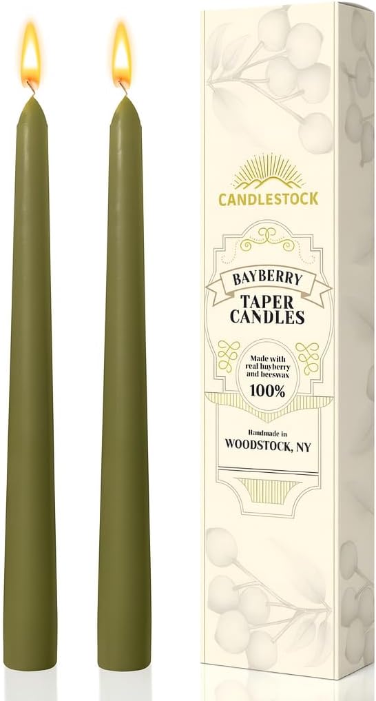 Candlestock Real Bayberry Taper Candle Pair 8 inch - Pure Bayberry and Pure 100% USA Beeswax Blend - Dripless Taper Candle Pair