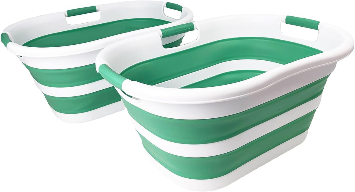 SAMMART 40L (10.5 gallon) Set of 2 Collapsible Plastic Laundry Hamper - Foldable Pop Up Storage Container/Organizer - Portable Washing Tub - Space Saving Basket (2, White/Winter Green)