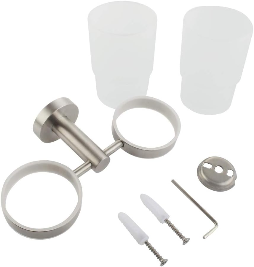 Angle Simple Double Toothbrush Holder Brushed Nickel, 2 Frosted Glass Cups
