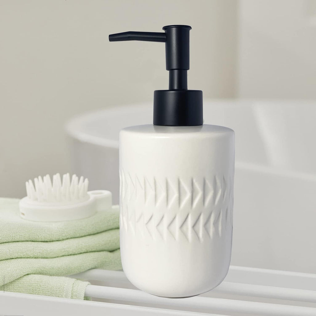 White Soap Dispenser with Matte Black Pump for Bathroom,Cylindrical Lotion Dispenser,12oz Ceramic Relief Hand Dish Soap Dispenser,Refillable Liquid Dispenser for Kitchen (Relief White)