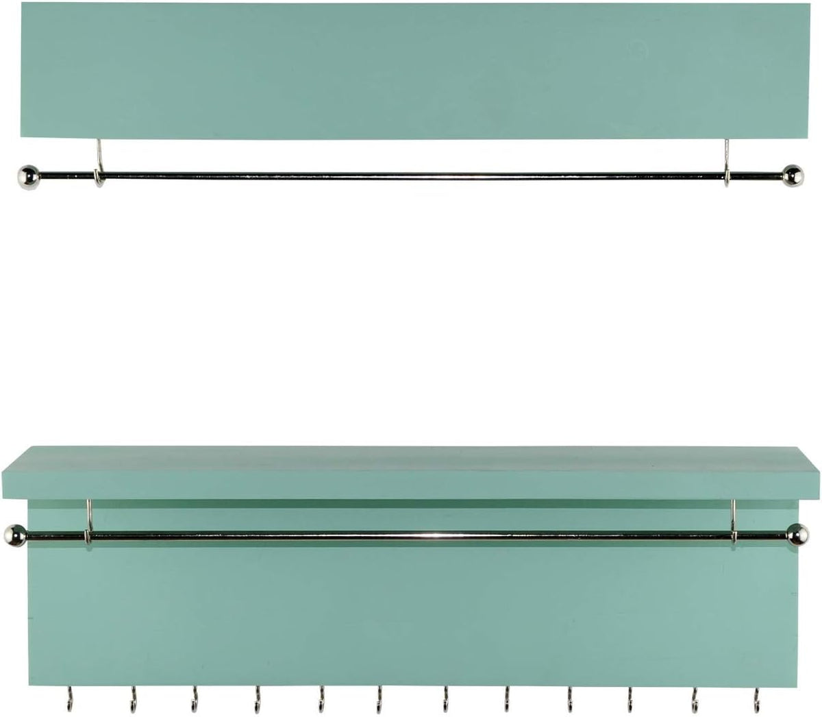 Wall-Mounted Jewelry Organizer - Wood Turquoise - Necklace Holder with Removable Metal Bar - Earrings Bracelets Hooks - Shelf Storage