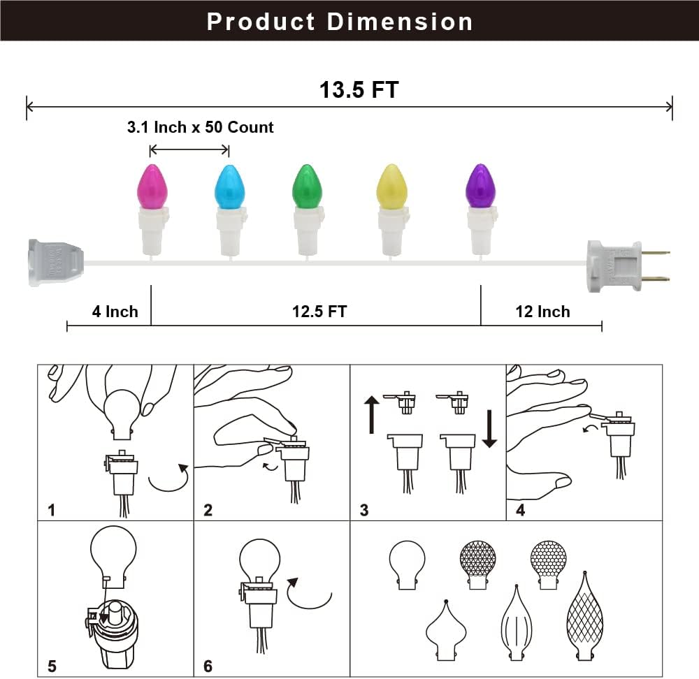 Christmas Lights LED Multi Color Glass C3 Lights 50 Count Easter Pastel Light 120V ETL Certified Connectable Indoor Outdoor String Light White Wire for Xmas Party Patio Home