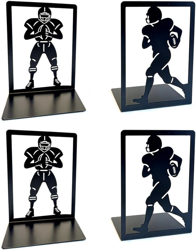 Metal Decorative Bookends Set, Spider Web & Football Player Silhouette, Sturdy Non-Slip Book Holders for Shelves, Black (Sports Football - 2 Pairs (4 Pcs))