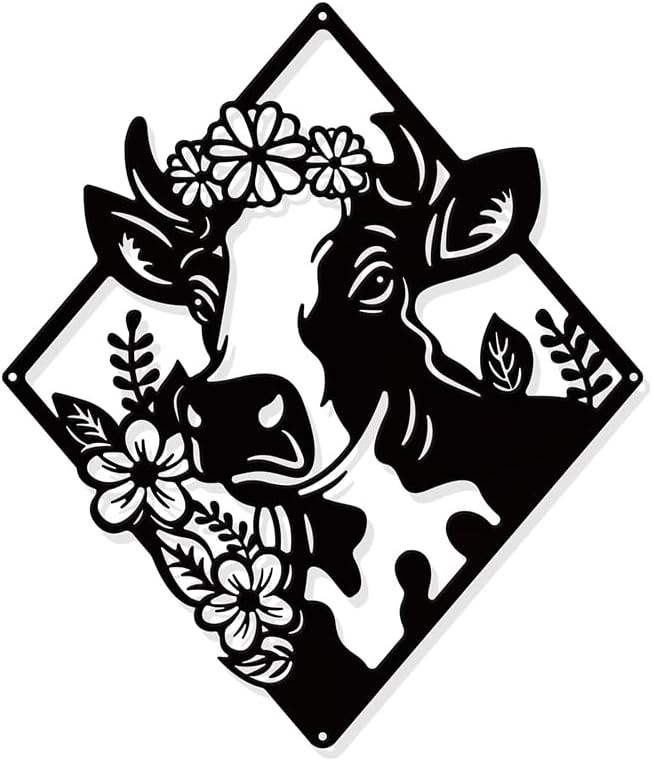 NBEADS Cow Flower Metal Wall Art Decor, Matte Black Wall Hanging Decor Silhouette Wall Art for Home Bedroom Living Room Bathroom Kitchen Office Hotel Wall Decoration, 10.3×8.86"(26.2x22.5cm)