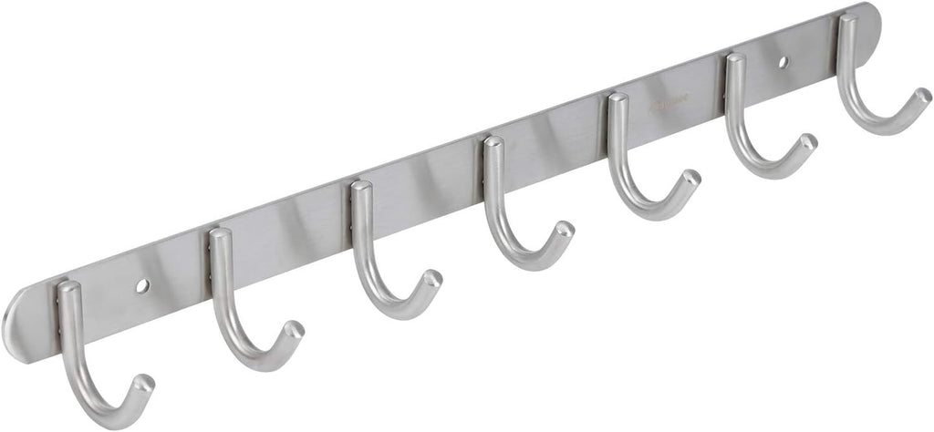 Towel Hook Rack Brushed Nickel - Sagmoc 17-Inch Coat Hook Rail Wall Mounted with 7 Round Hooks, Durable Wall Hangers for Bedroom, Bathroom, Foyer, Hallway (304 Stainless Steel)