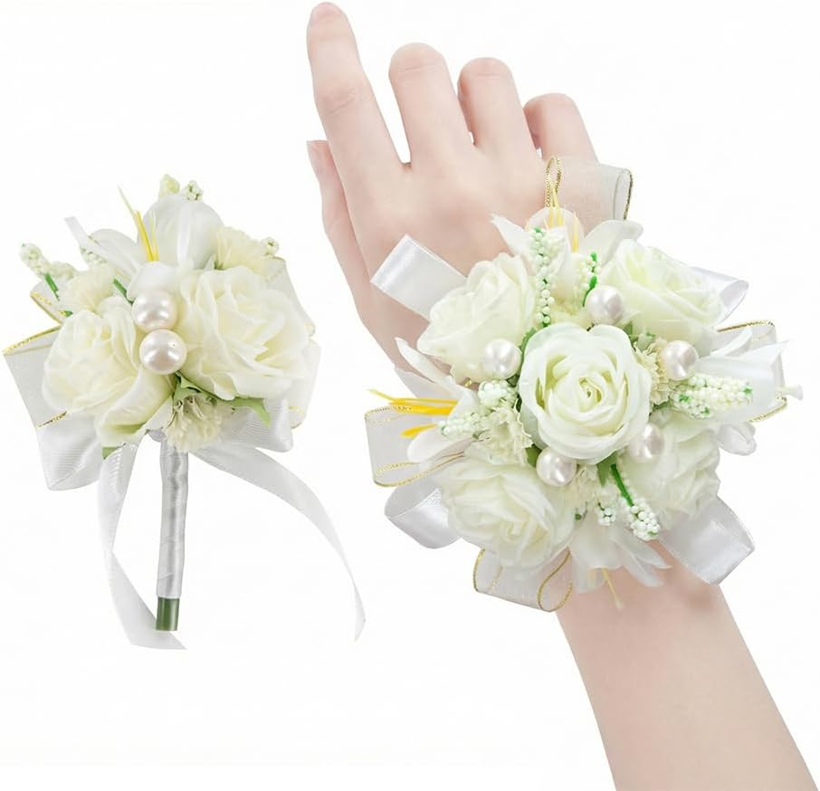 Ivory Corsage and Boutonniere Set Prom Wrist Corsage Flower