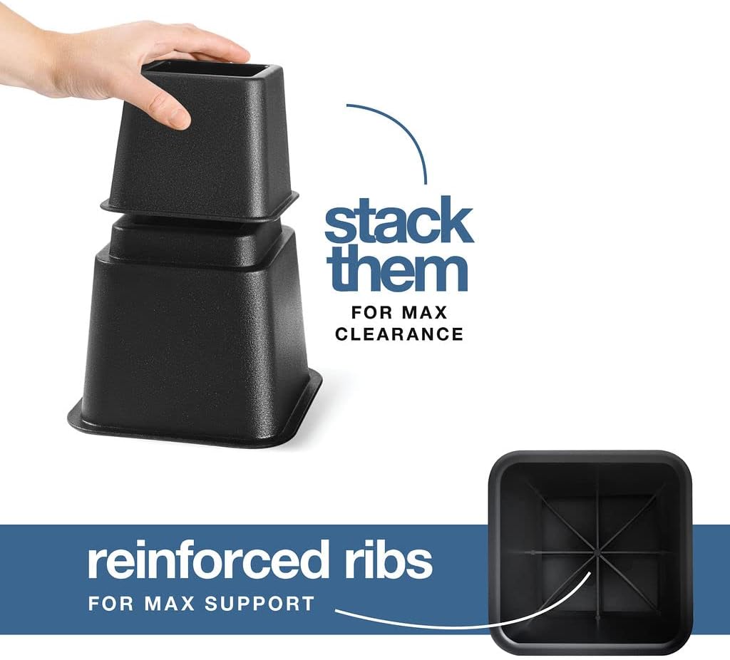 Home It Adjustable Bed Risers - Elevation in 3, 5 or 8 Inch - 4 Pack, Black