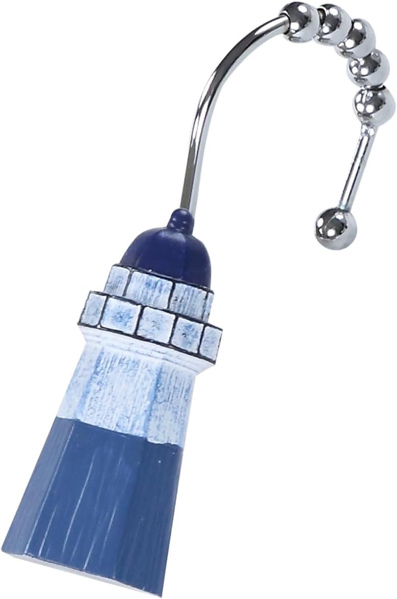 Lighthouse Decorative Shower Curtain Hooks,5 Roller Ring Balls Designed Coastal Hooks for Bathroom Curtains,Set of 12