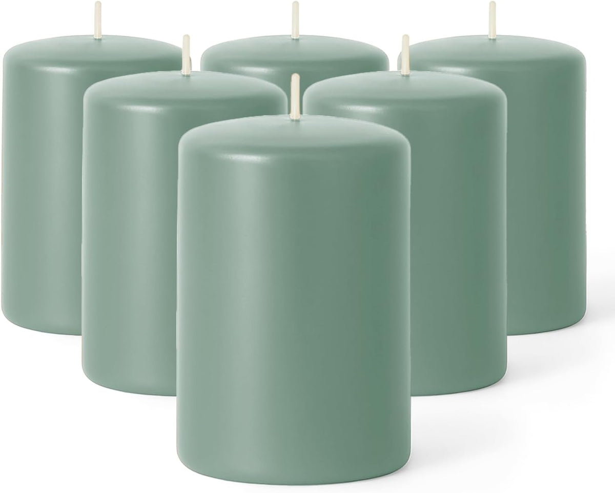 Biedermann & Sons Seafoam Green Pillar Candles (6 Pack), 4 Inch Tall 3 Inch Wide Round, Unscented Paraffin Wax, Approx 40 to 45 Hour Burn, Dripless Candles for Centerpieces