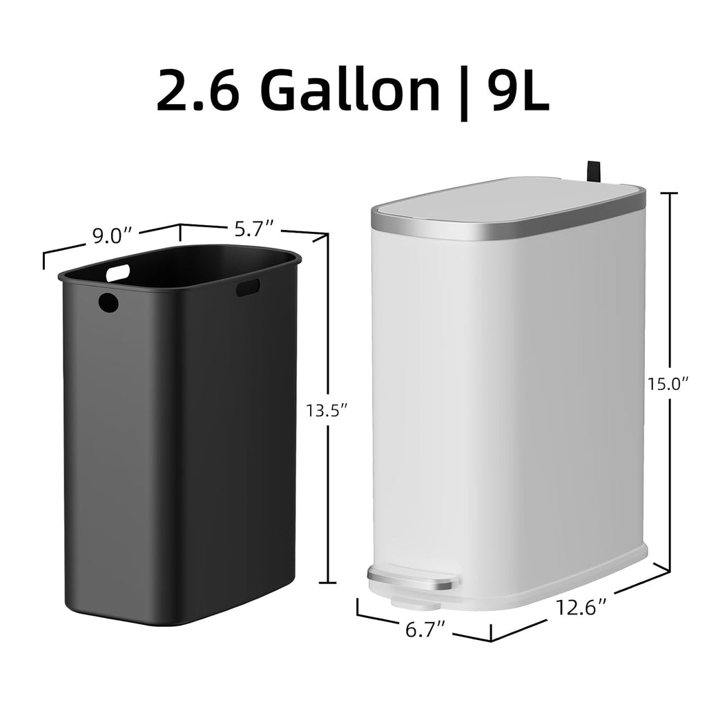 KUK Slim Bathroom Trash Can with Lid Soft Close, Step Pedal, 2.6 Gal/ 10L Stainless Steel Garbage Can with Removable Inner Bucket, Anti-Fingerprint Wastebasket for Office, Bedroom, Toilet (White)