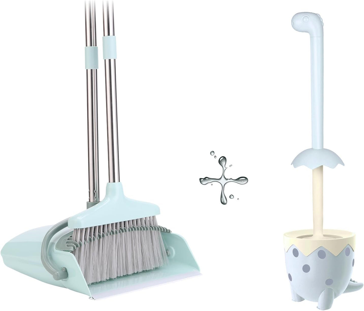 Broom and Dustpan Set+Toilet Brush Dinosaur Shape,Cute Shape Look, TPR Bristles Round Brush, Compact Size Toilet Brushes Floor Standing, 1-Pack