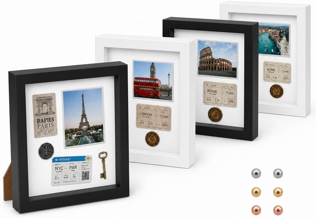 4 Pack Shadow Box Frame Display Cases, 8"x 8" Wood Deep Black Handicrafts Shadowbox Picture Frame for Flowers Jersey Baby Wedding Dress (Black&White)
