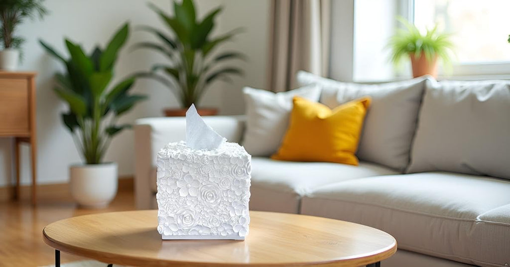 Square Tissue Box Cover Decorative Kleenex Box Holder for Bathroom & Living Room with Handcrafted Texture (Rose White)