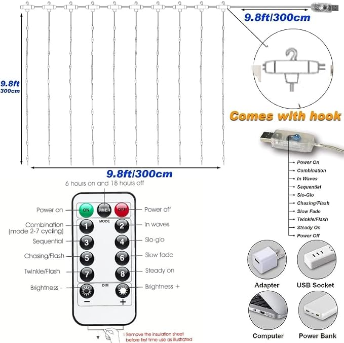 Honche 300Led Cuttable Curtain String Lights 10x10ft with Remote Window Lights for Bedroom Wedding Party Festive Season Propose Marriage (Colorful)