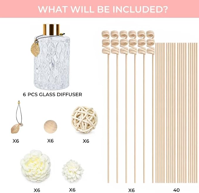 Glass Reed Diffusers Bottles for Home, Diffuser Bottles with Reed Diffuser Sticks Set, Vintage Embossed Apothecary Style Flower Bud Vases with Cork Lids, Set of 6