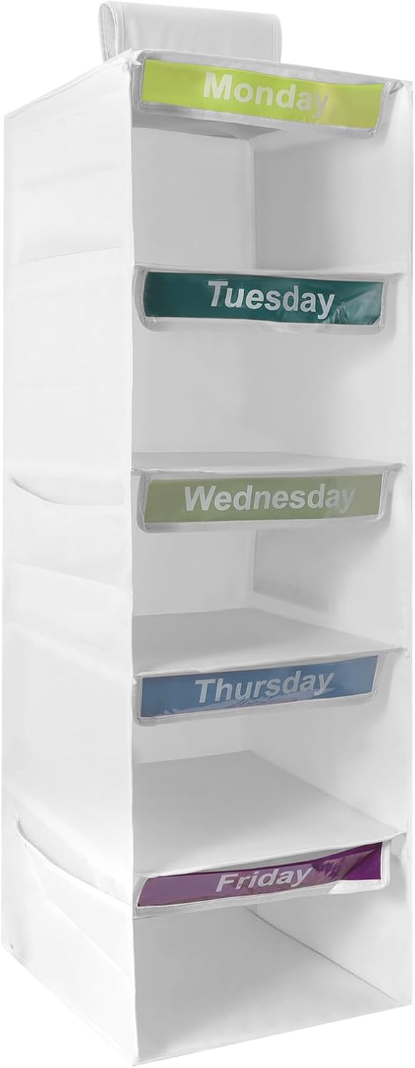 5 Shelf Weekly Hanging Closet Organizer Monday Through Friday Clothes White