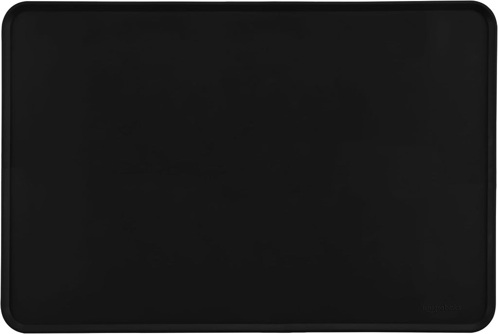 Amazon Basics Waterproof Non-Slip Silicone Pet Feeding Mat with Raised Edges, Prevents Spills, Easy to Clean, Protects Floors for Cat & Dog Food and Water Bowls, 24 x 16 Inches, Black