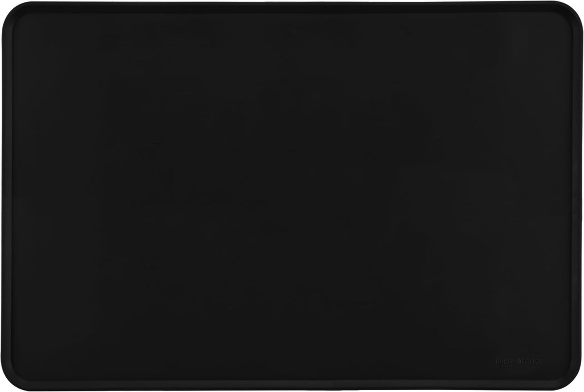 Amazon Basics Waterproof Non-Slip Silicone Pet Feeding Mat with Raised Edges, Prevents Spills, Easy to Clean, Protects Floors for Cat & Dog Food and Water Bowls, 24 x 16 Inches, Black