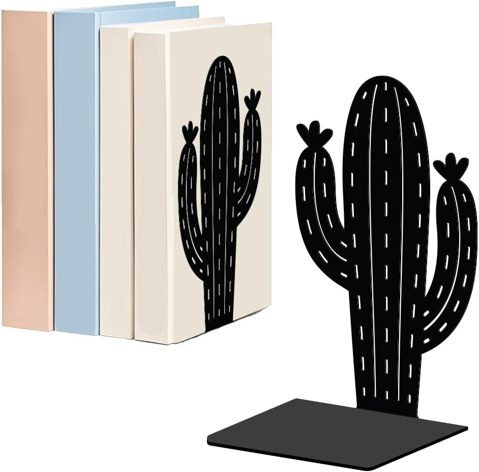 WADORN Cactus Metal Bookends for Shelves Decorative 1 Pair, Cactus Plant Heavy Duty Books End Support Non-Skid Book Holder Black L-Shaped Book Stopper for Home Office Desk Book Divider, 4.7x3.5x7 Inch